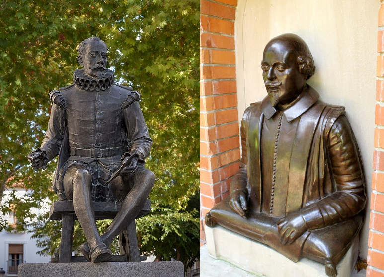 Dos estatuas, una de shaskpeare y otra de Cervantes