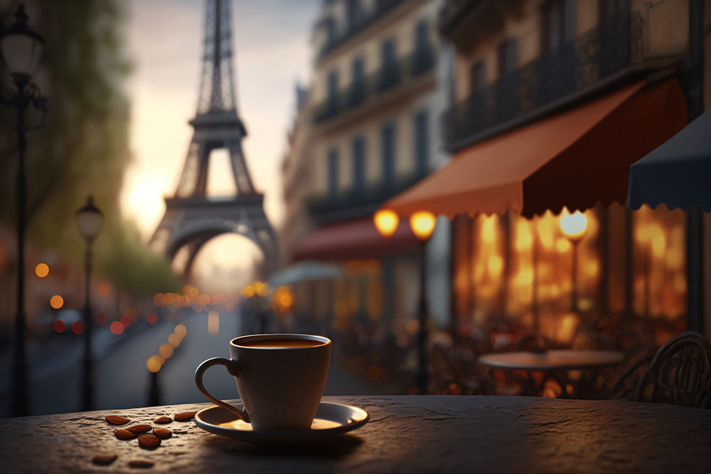 coffee cup in front of an illuminated street with the eiffel tow